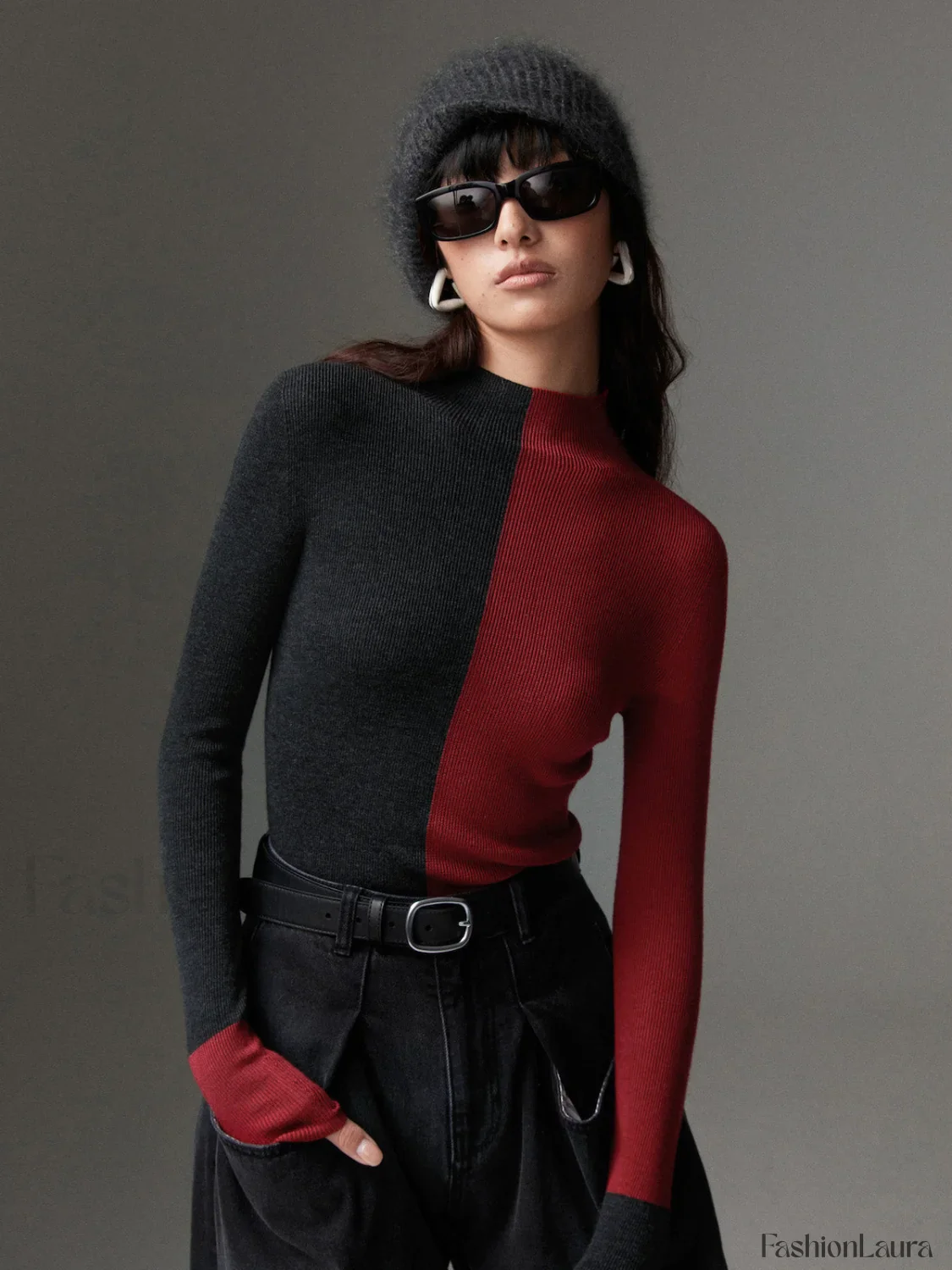 Wool-Blend Two Tone Skinny Knit Top - Image 42