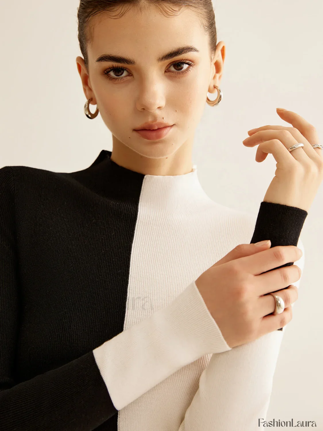 Wool-Blend Two Tone Skinny Knit Top - Image 45