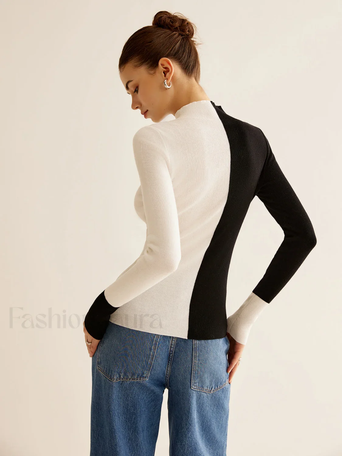 Wool-Blend Two Tone Skinny Knit Top - Image 6