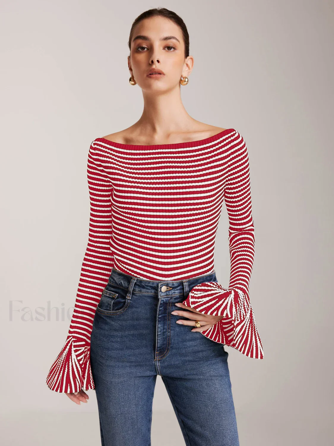 Striped Ruffle-Sleeve Knit Top - Image 12