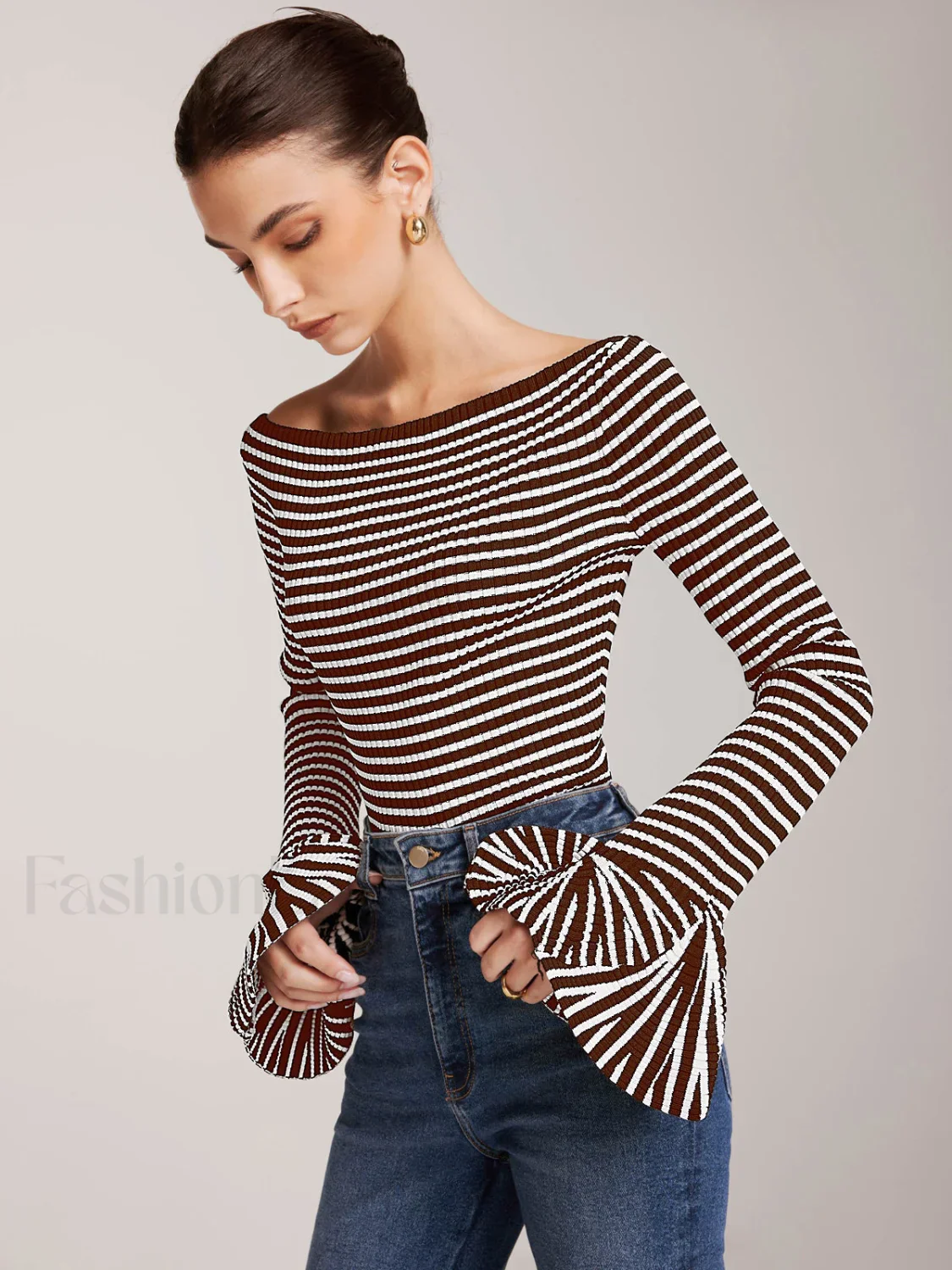 Striped Ruffle-Sleeve Knit Top - Image 13
