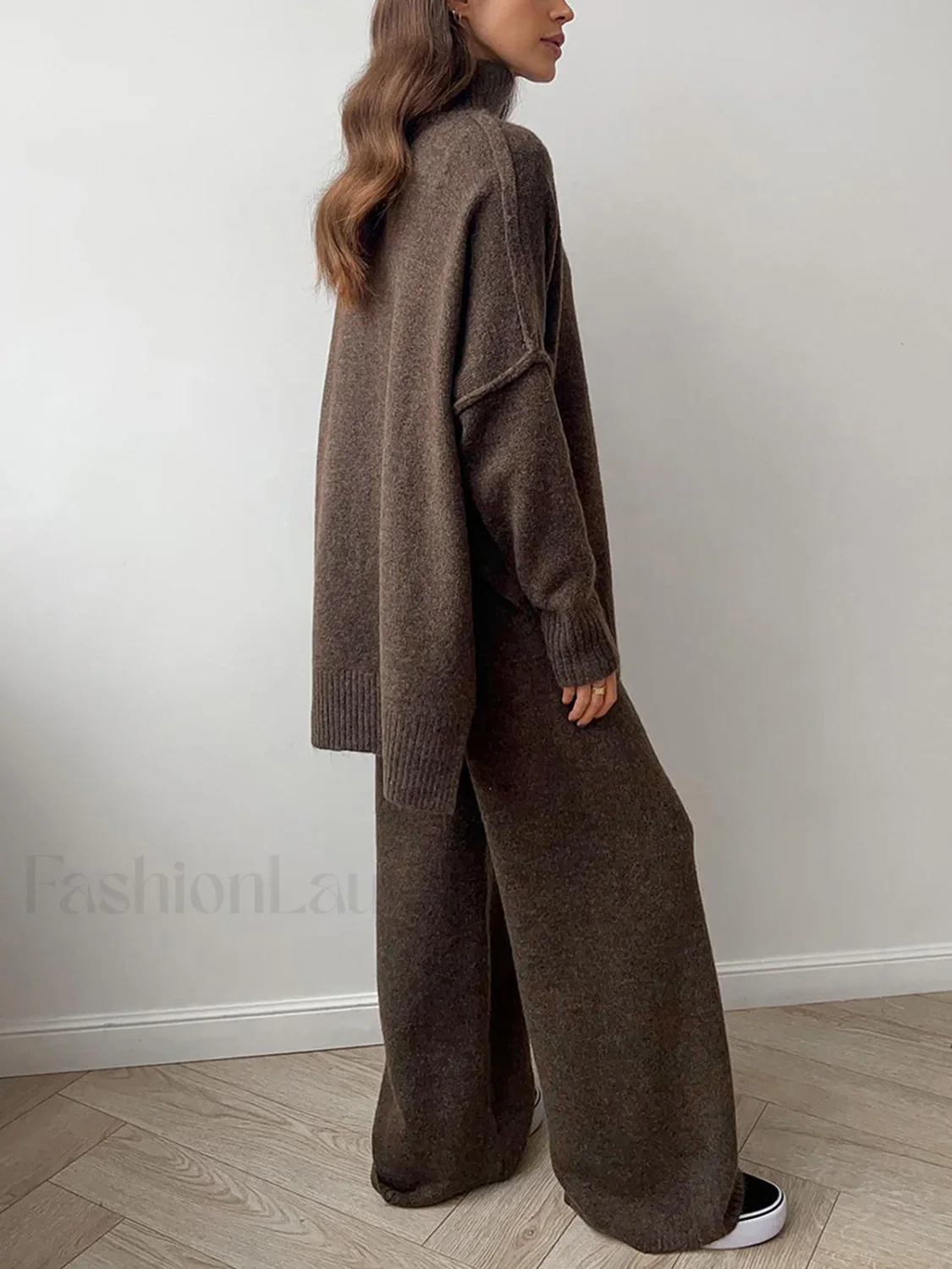 Plain Turtleneck Knit Pants Two Piece Set - Image 13