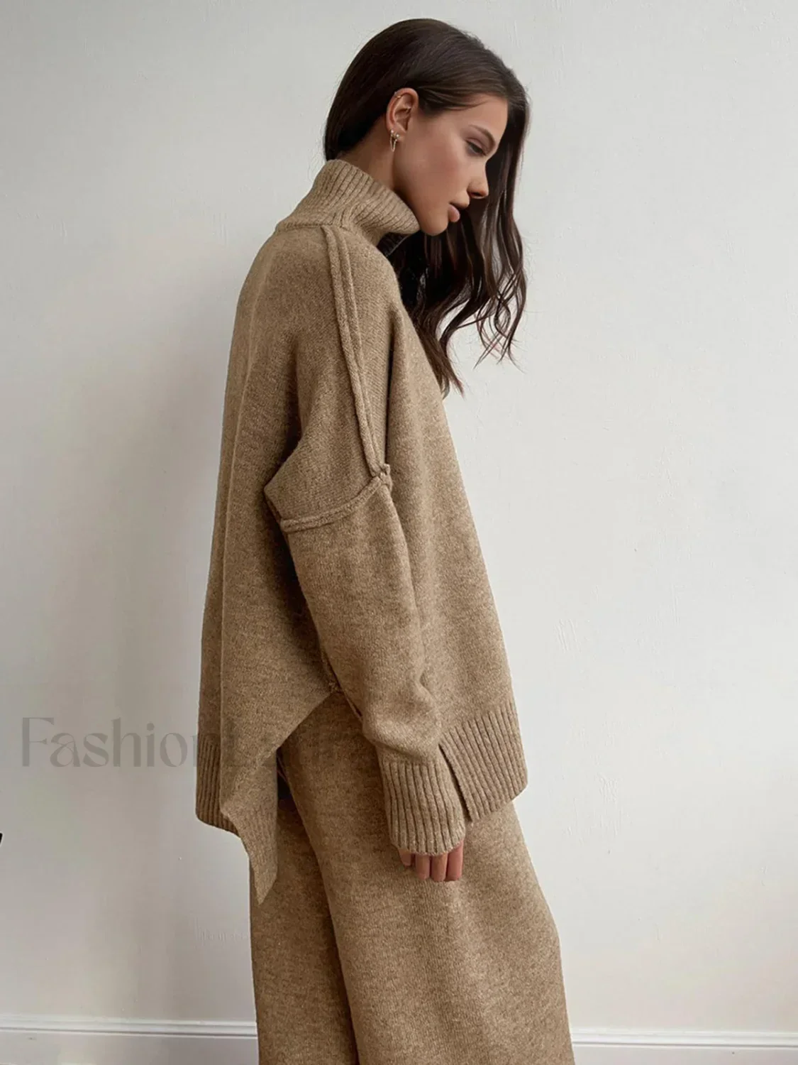 Plain Turtleneck Knit Pants Two Piece Set - Image 5