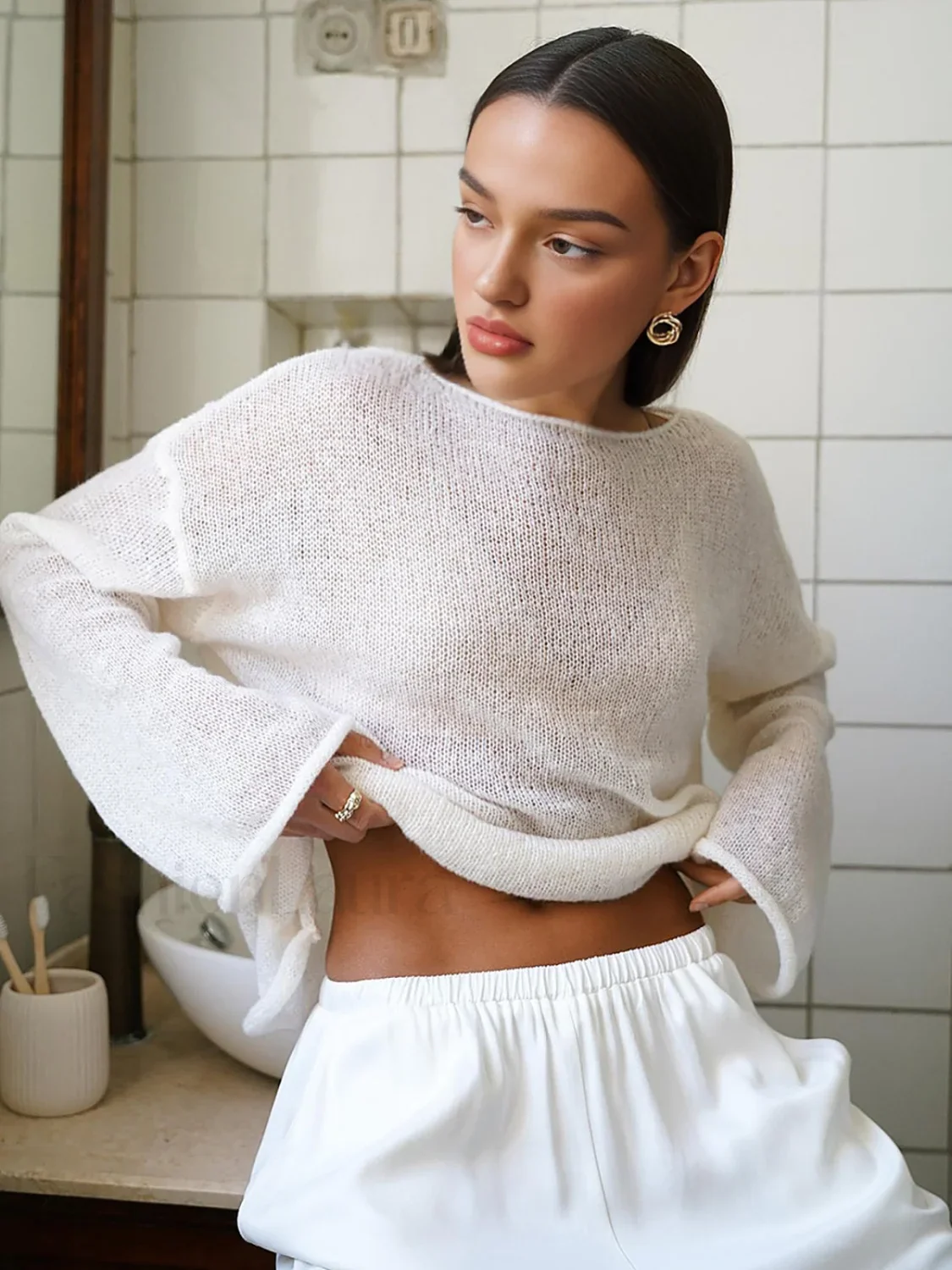 Hollow Draped Snug Knit Top - Image 15