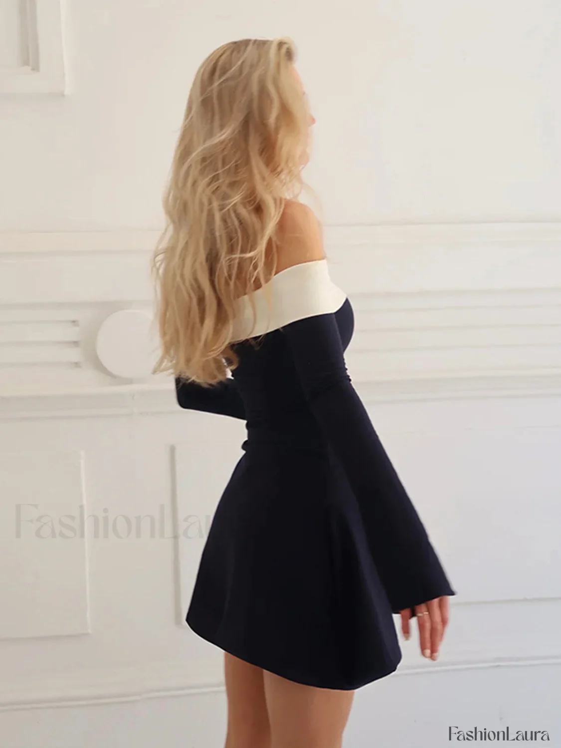 Color Block Off-Shoulder Long Sleeve Short Dress - Image 16