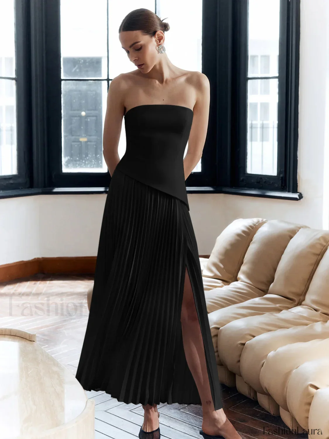 Solid Pleated Strapless Split Dress - Image 23
