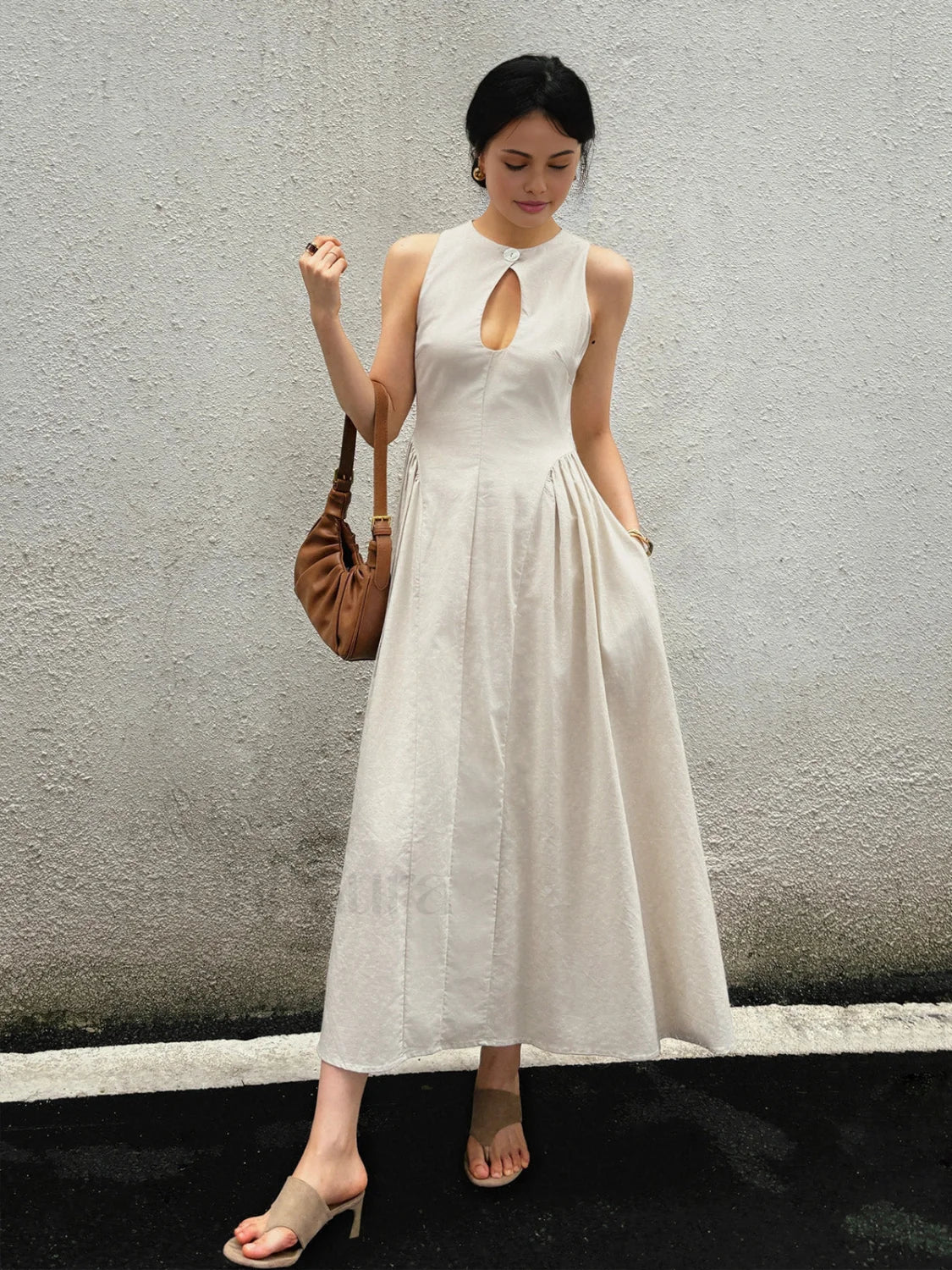 Cotton & Linen Pleated Cutout Long Dress - Image 11