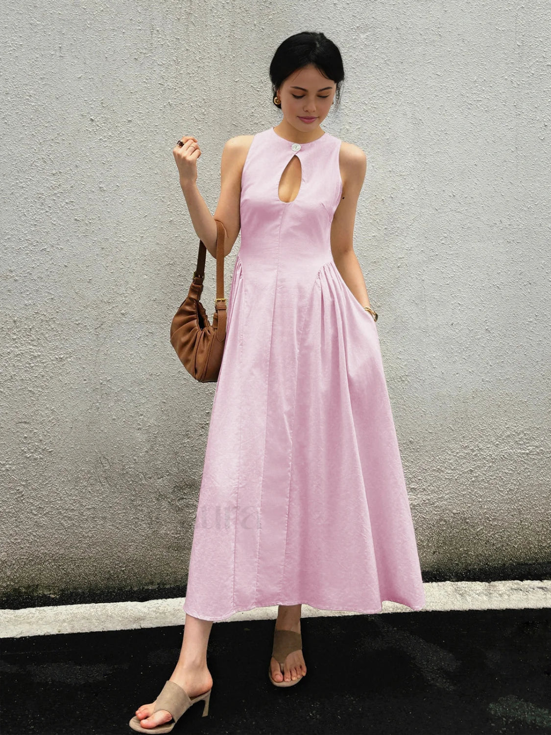 Cotton & Linen Pleated Cutout Long Dress - Image 12