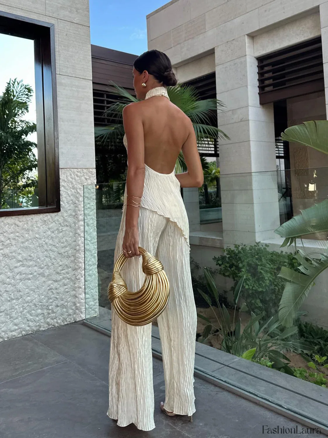 Asymmetric Halter Crop Top With Wide Leg Pants Set - Image 38