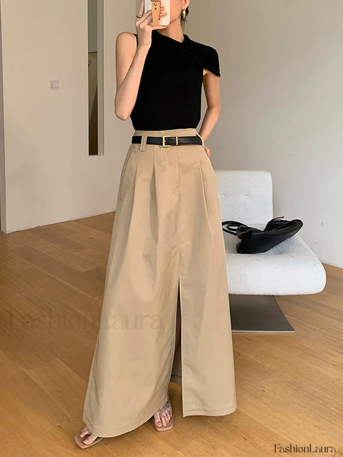 High-Waist Pleated Flared Elegant Midi Skirt - Image 9