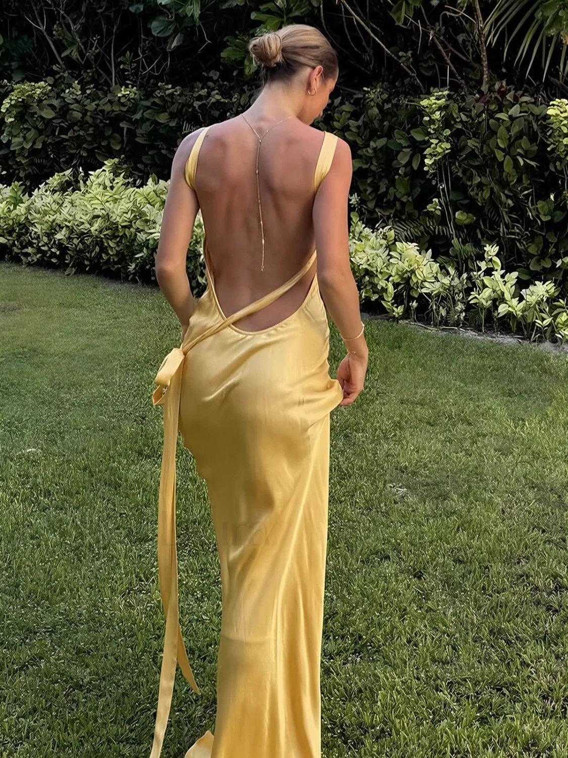 Semi-Sheer Satin Asymmetrical One Shoulder Long Dress - Image 2