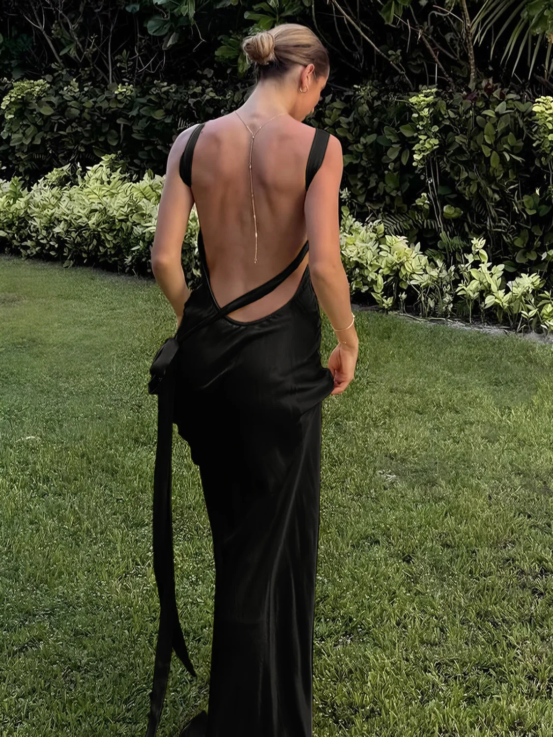 Semi-Sheer Satin Asymmetrical One Shoulder Long Dress - Image 9