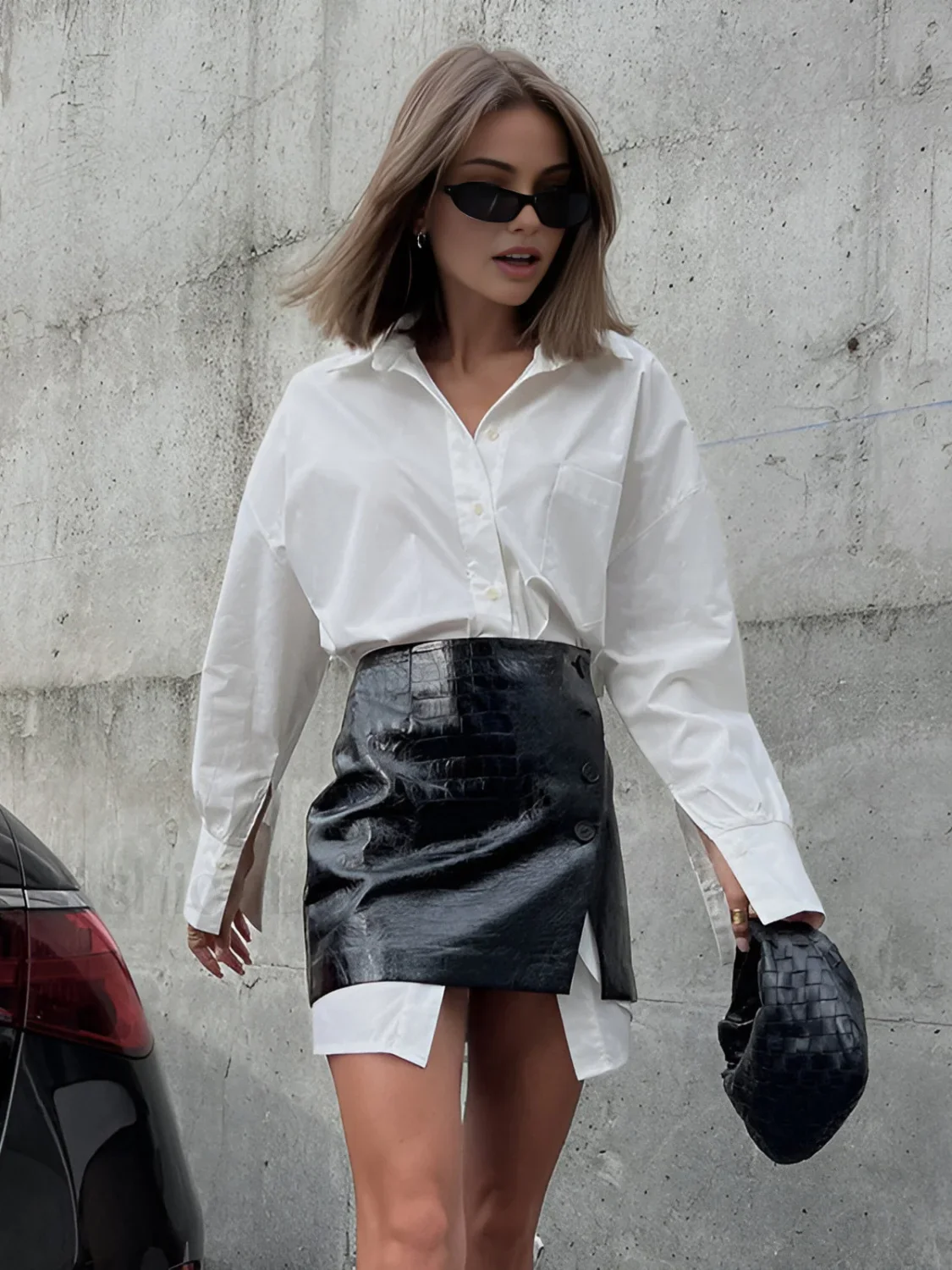 Casual Solid Shirt With Faux Leather Mini Skirt Set - Image 7
