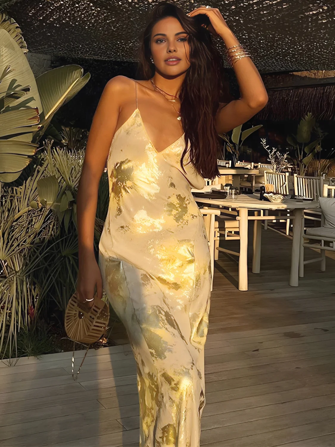 Metallic Print V-Neck Backless Slip Long Dress - Image 5