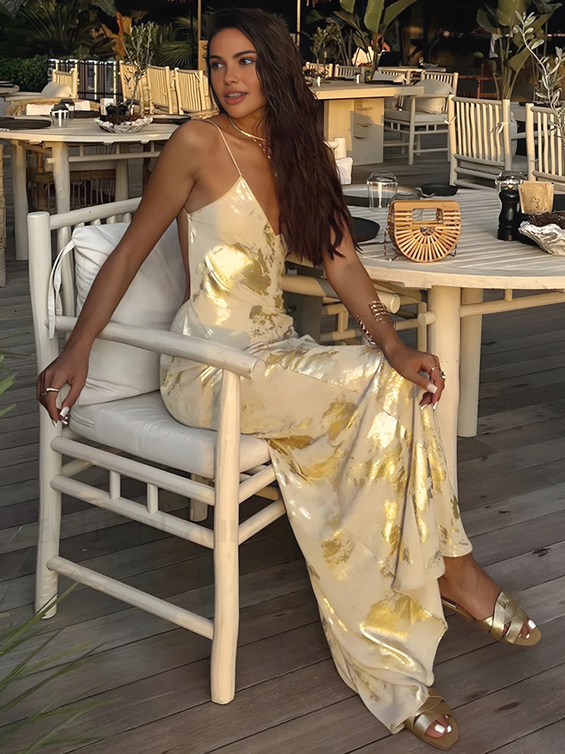 Metallic Print V-Neck Backless Slip Long Dress - Image 8
