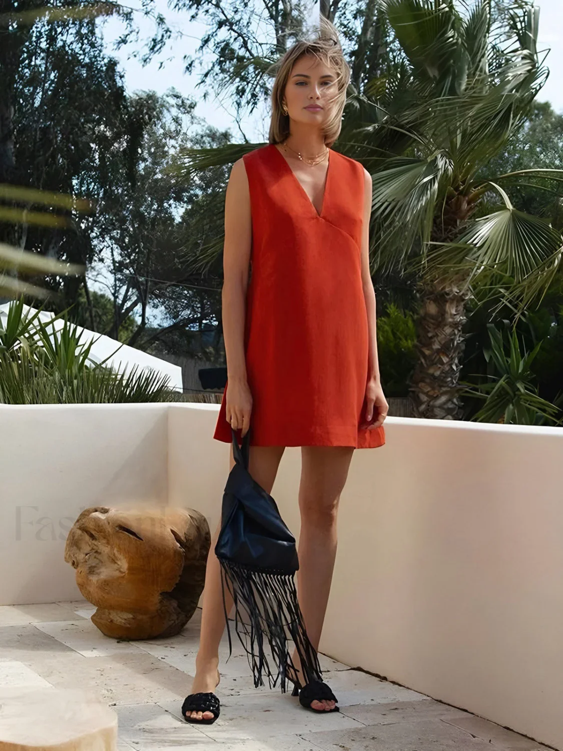 Cotton & Linen V-Neck Short Dress - Image 14