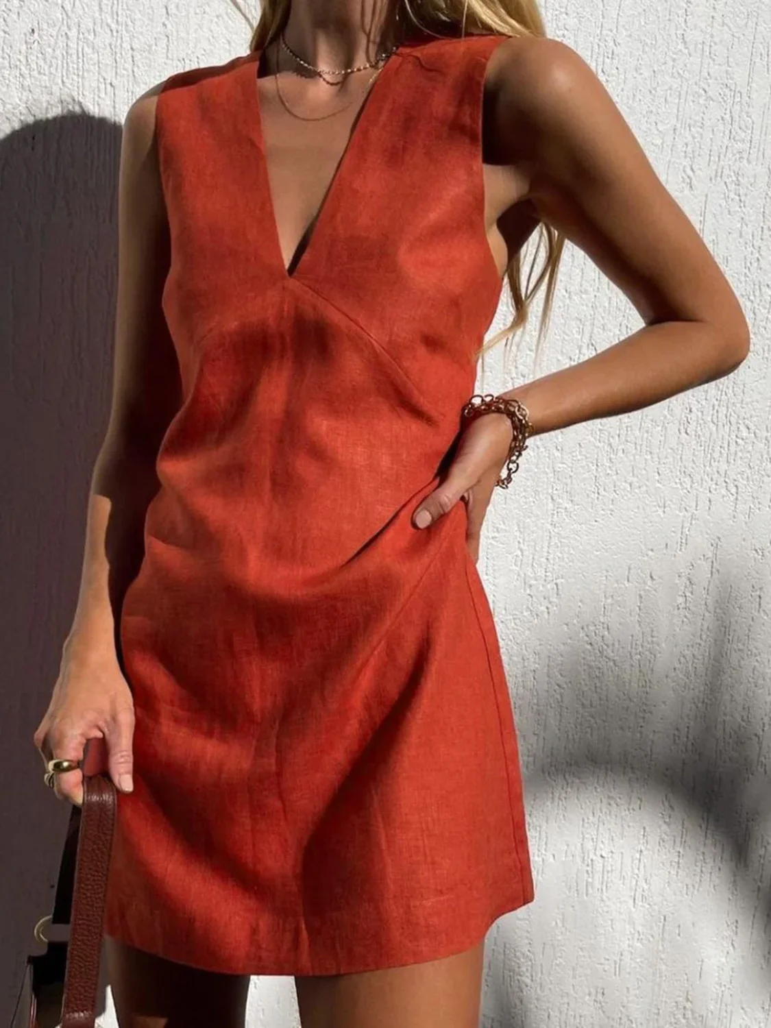 Cotton & Linen V-Neck Short Dress - Image 16