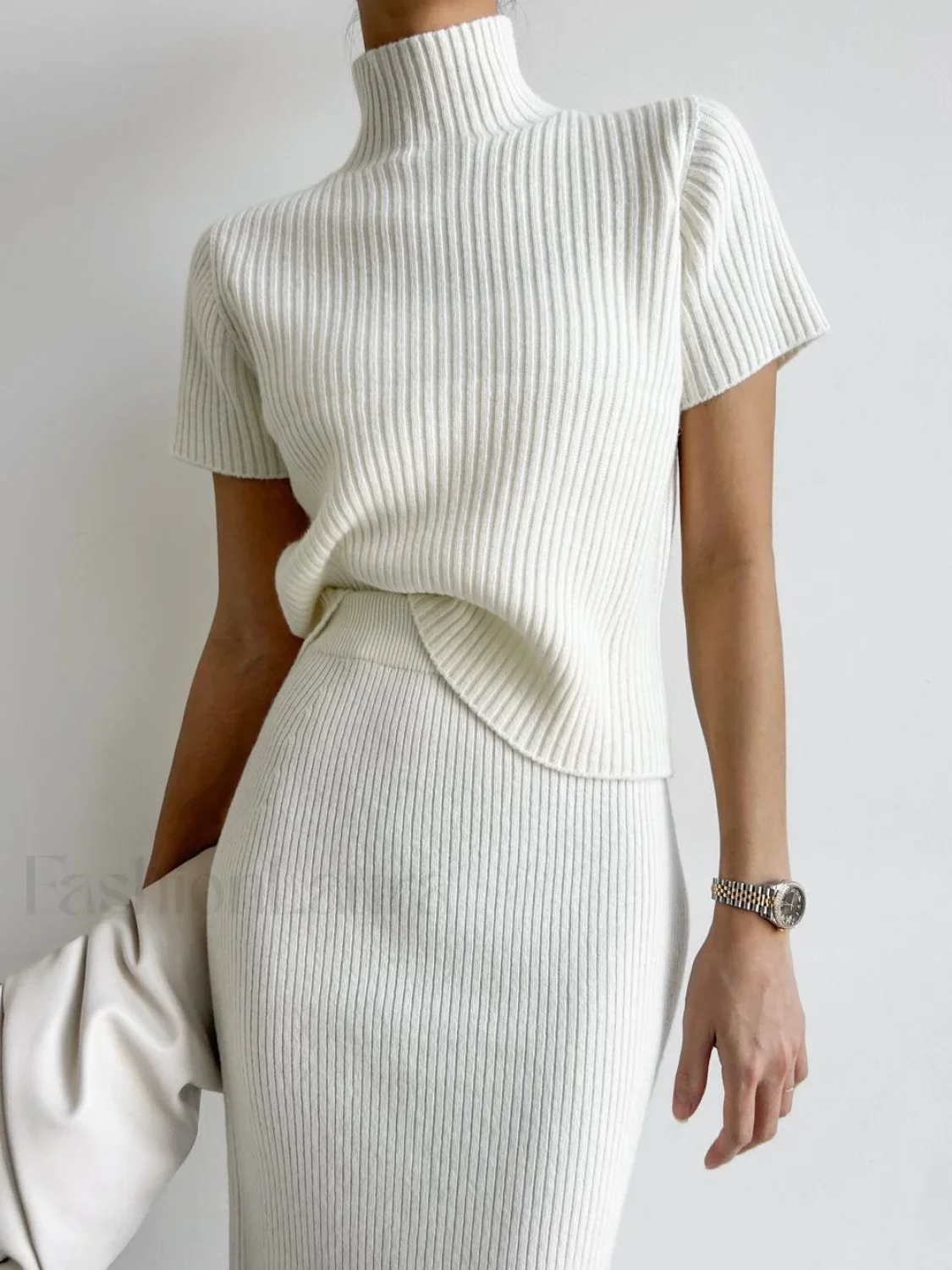 Solid High Neck Split Ribbed Knit Two Pieces Skirt Set - Image 3
