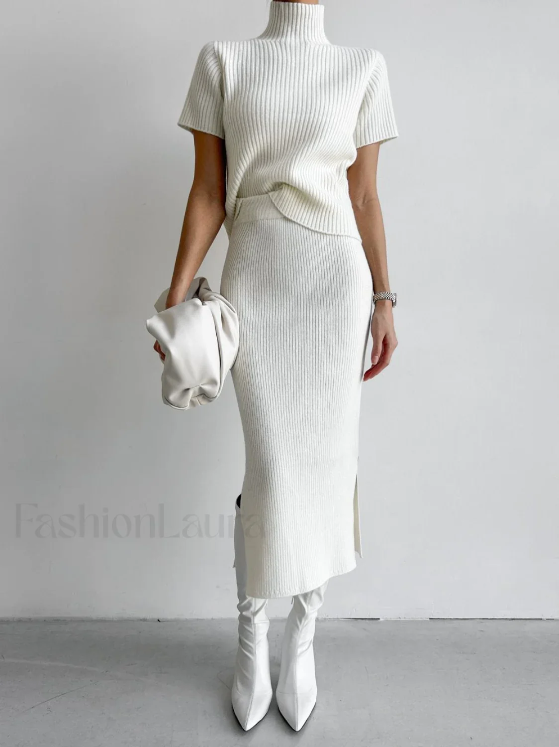 Solid High Neck Split Ribbed Knit Two Pieces Skirt Set - Image 30