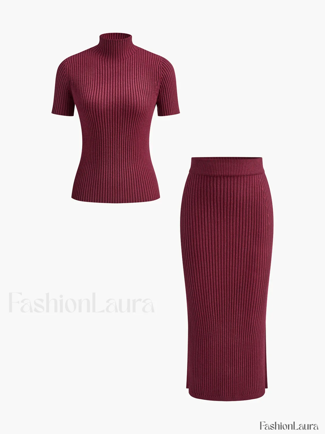 Solid High Neck Split Ribbed Knit Two Pieces Skirt Set - Image 37