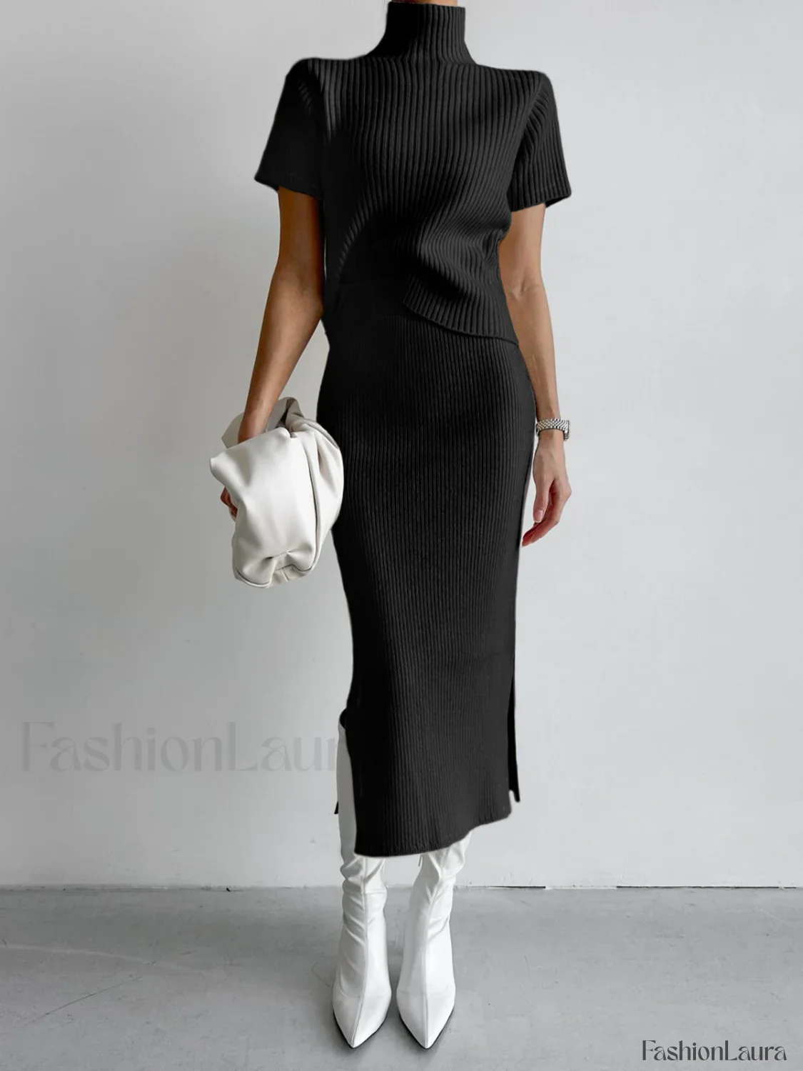 Solid High Neck Split Ribbed Knit Two Pieces Skirt Set - Image 38