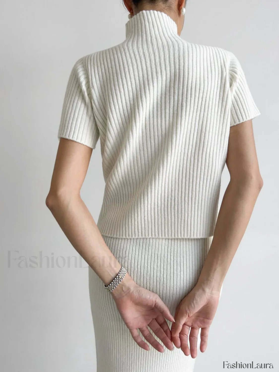 Solid High Neck Split Ribbed Knit Two Pieces Skirt Set - Image 40