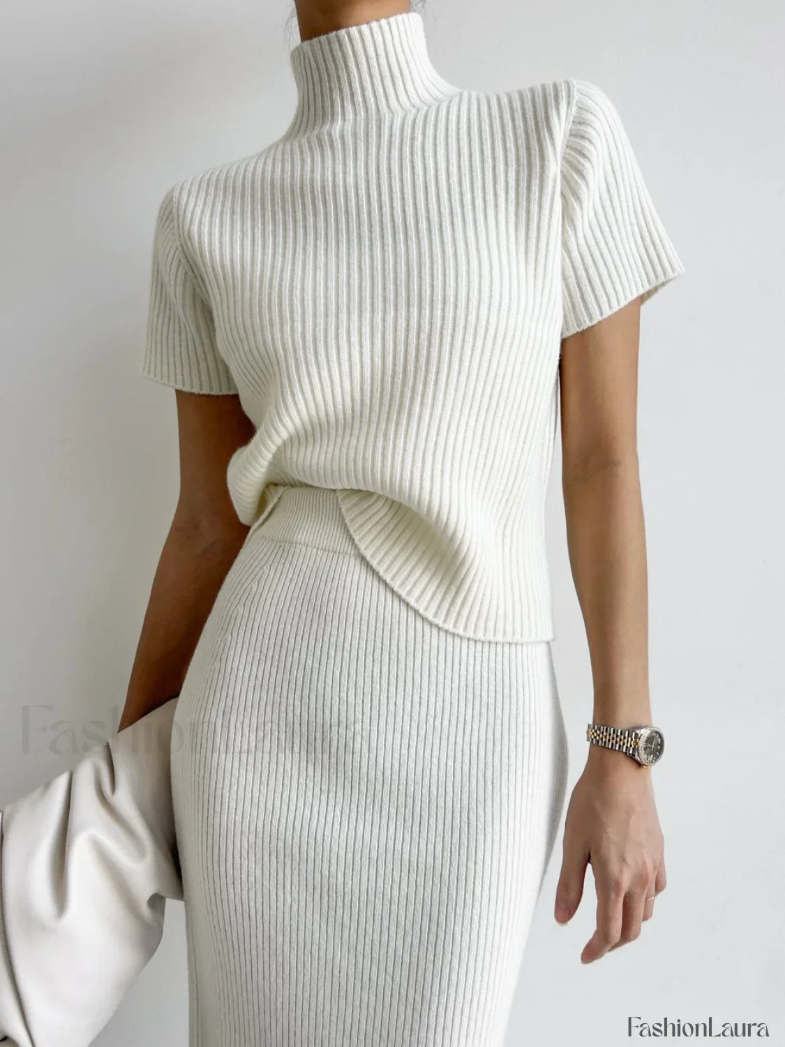 Solid High Neck Split Ribbed Knit Two Pieces Skirt Set - Image 42
