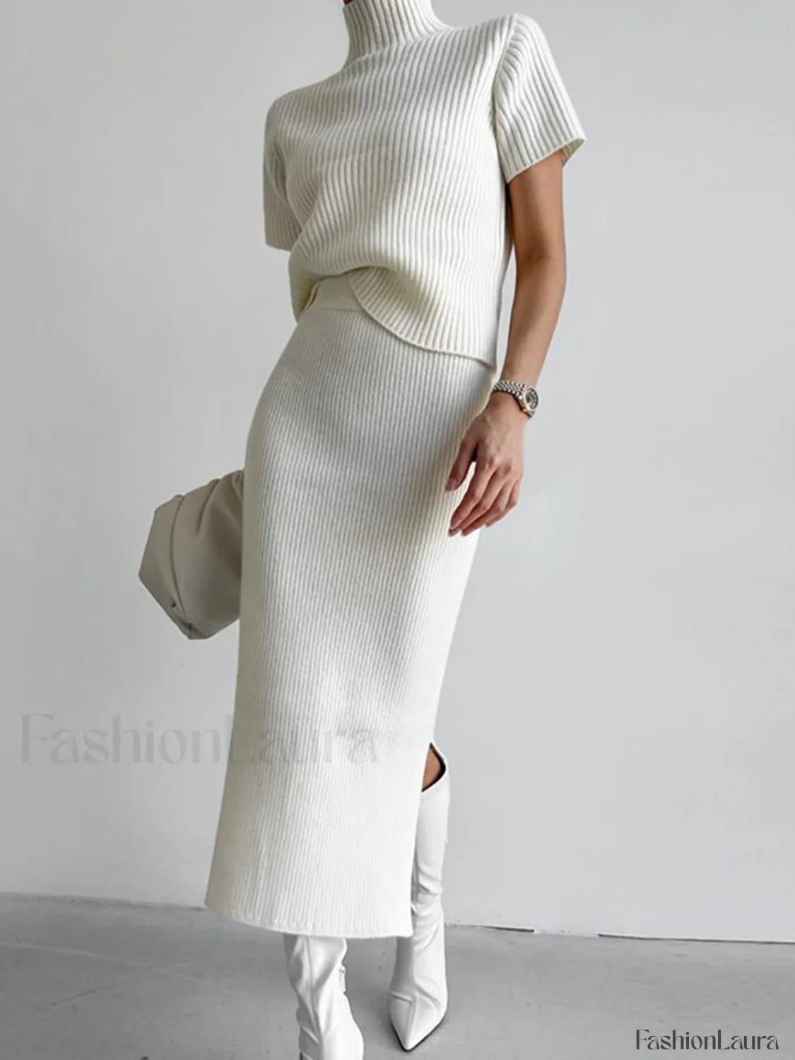 Solid High Neck Split Ribbed Knit Two Pieces Skirt Set - Image 43