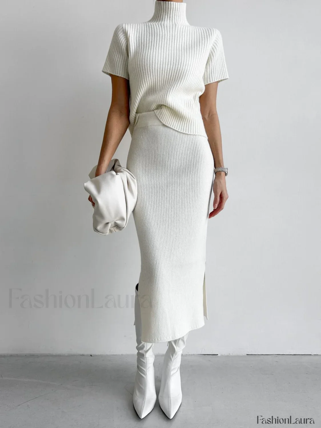 Solid High Neck Split Ribbed Knit Two Pieces Skirt Set - Image 44