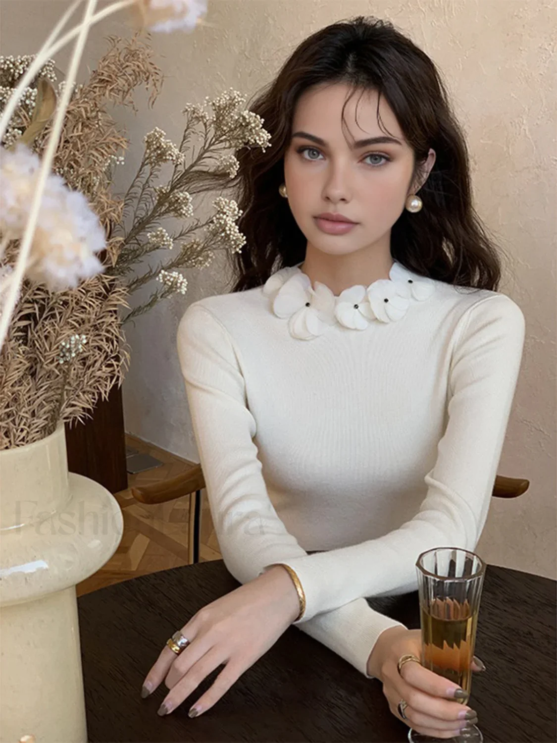 Solid Long Sleeve Floral Knit Top - Image 20