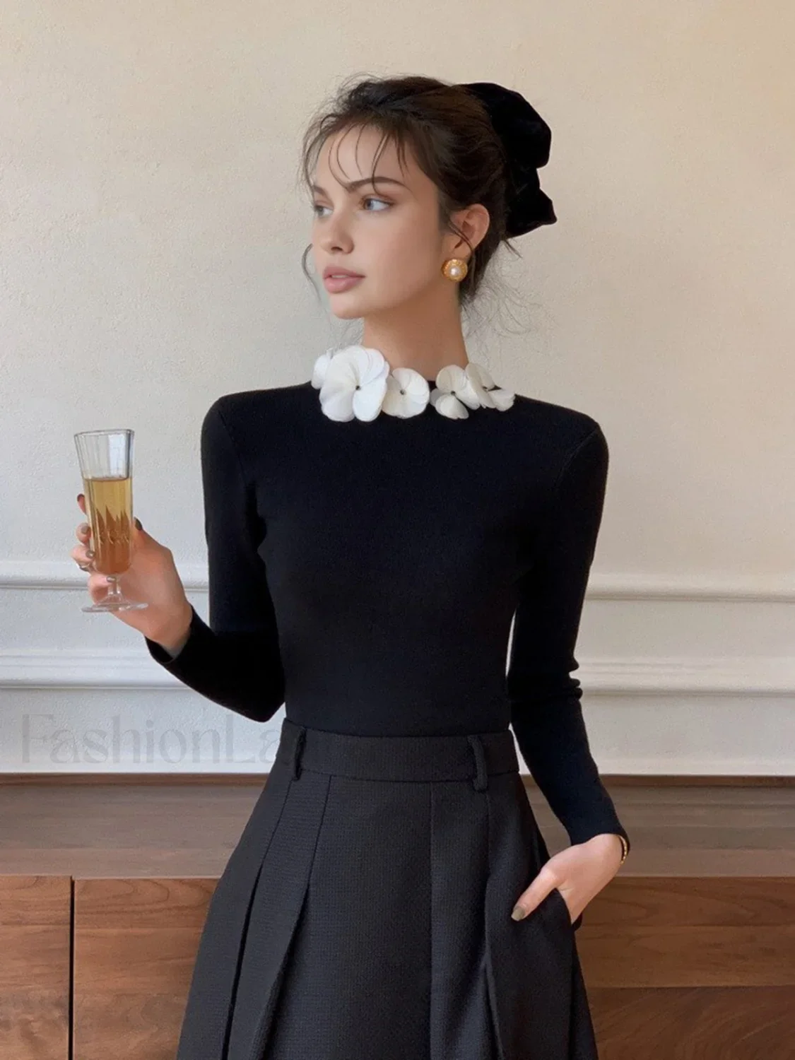 Solid Long Sleeve Floral Knit Top - Image 26
