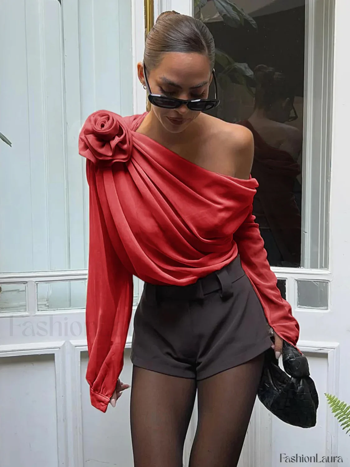 Chiffon Semi-sheer One Shoulder Asymmetrical Blouse - Image 23