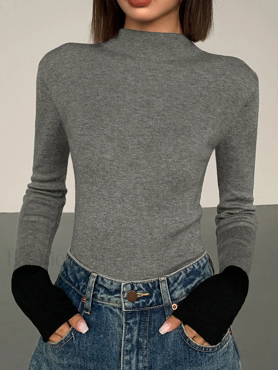 Long Sleeve Contrast Cuff Knit Top - Image 17