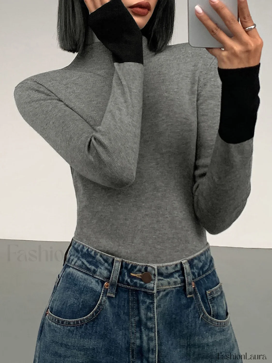 Long Sleeve Contrast Cuff Knit Top - Image 25