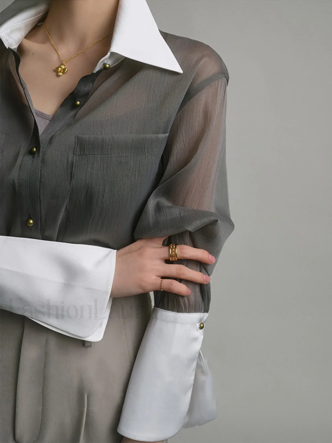 Semi-Sheer Leisure See Through Shirt With Cami Top - Image 6