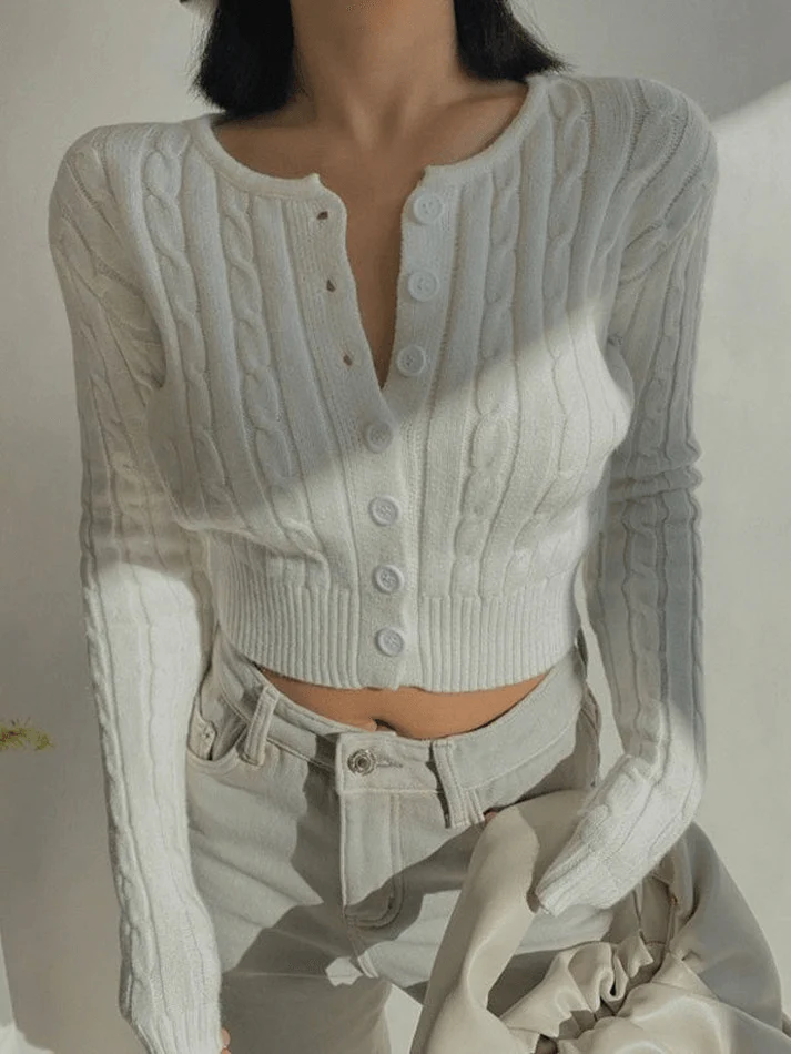 Cropped Button Cable Knit Cardigan - Image 19