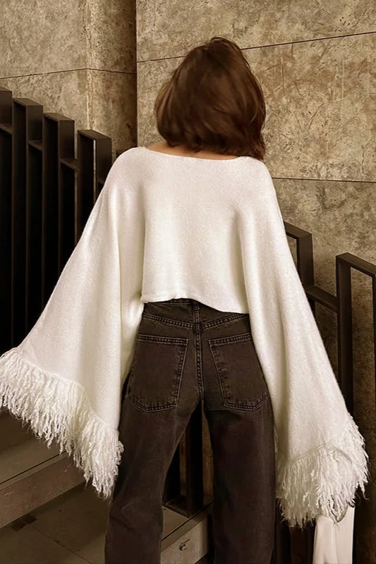 Cropped Fringe Oversized Long Sleeve Sweater - Image 3