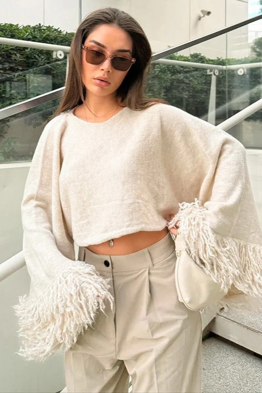 Cropped Fringe Oversized Long Sleeve Sweater - Image 4