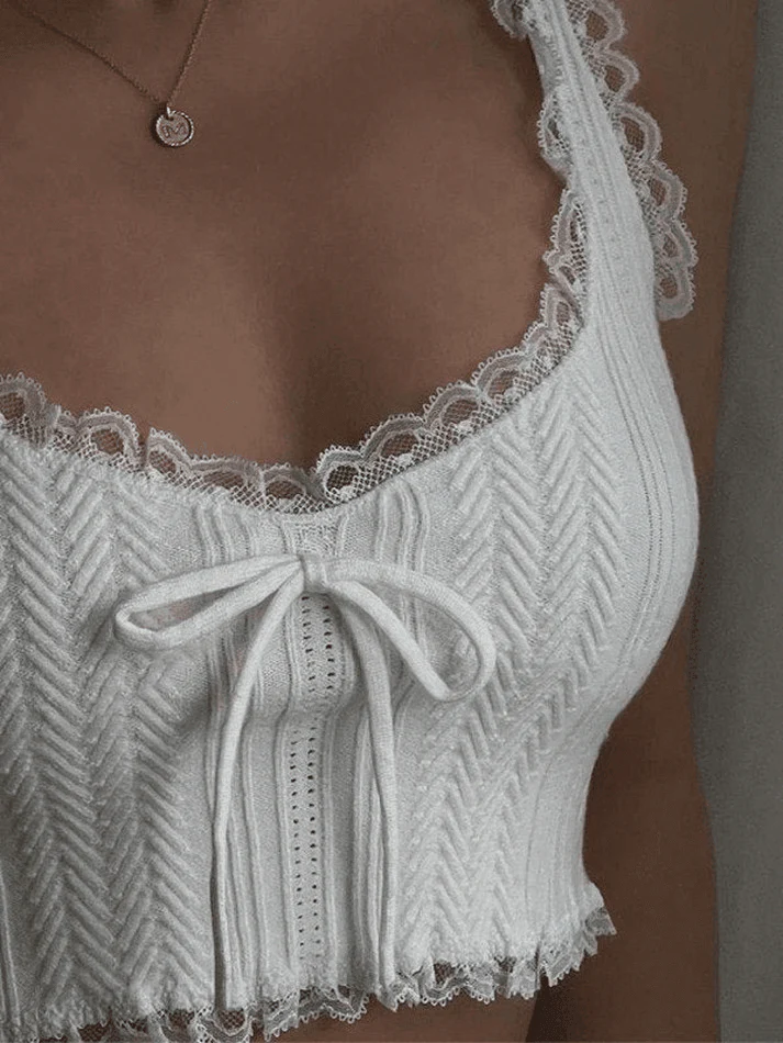 Cropped Lace Trim White Tank Top - Image 5
