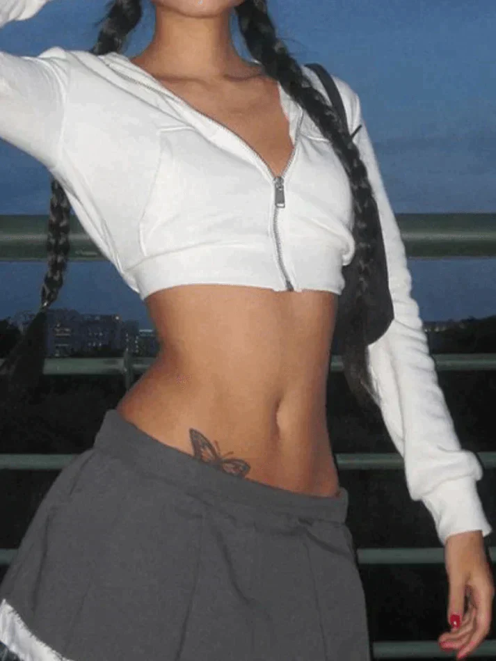 Cropped White Zip-Up Hoodie - Image 3