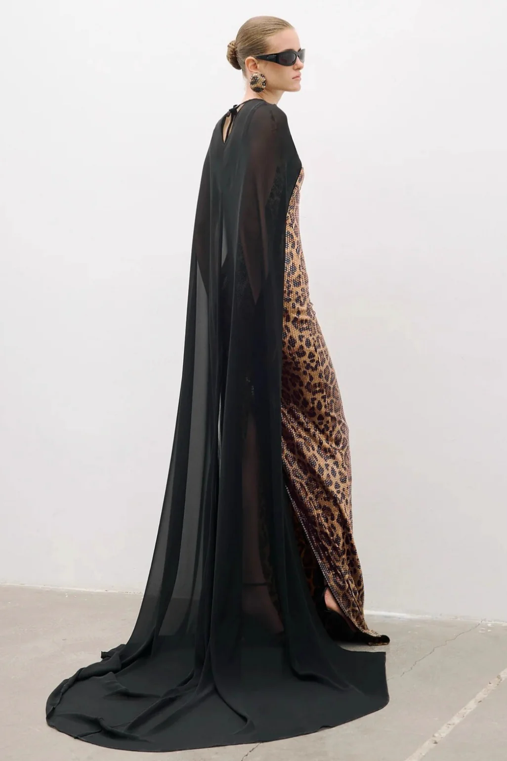 Leopard Sequin Sheer Cape Spaghetti Strap Backless Prom Dress - Image 2