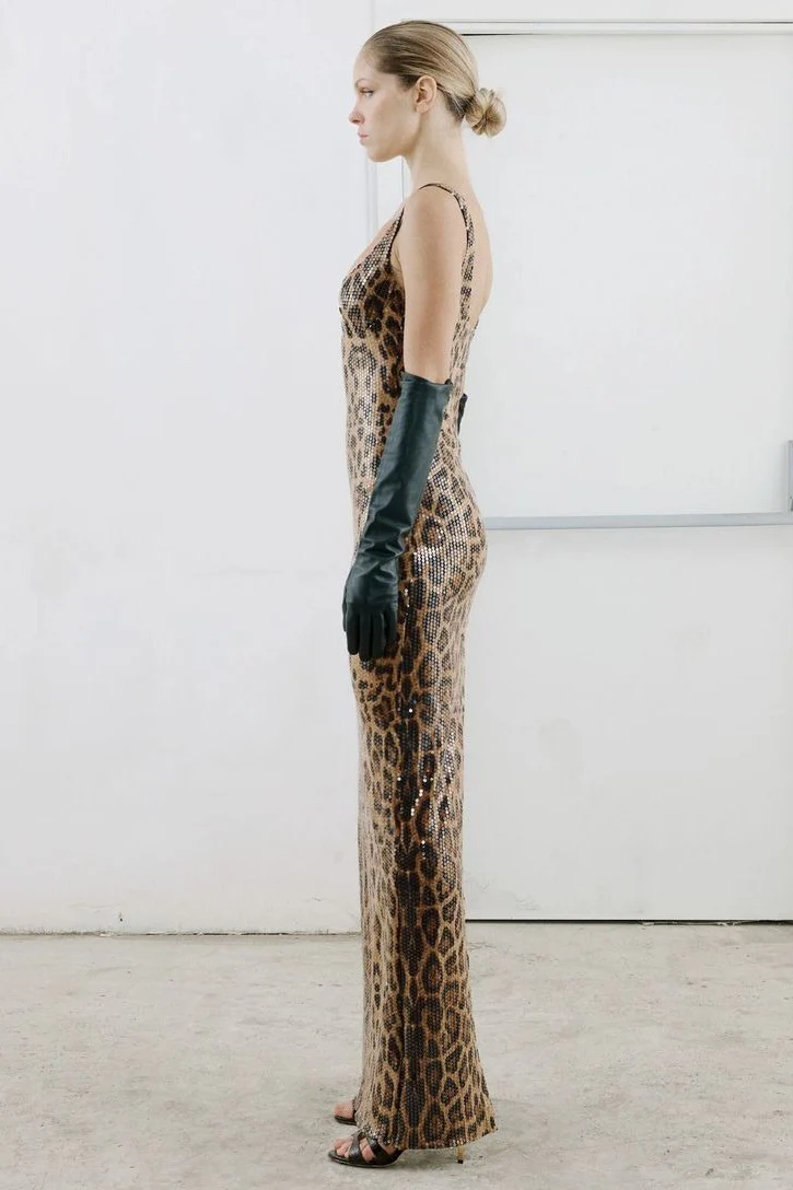 Leopard Sequin Sheer Cape Spaghetti Strap Backless Prom Dress - Image 5