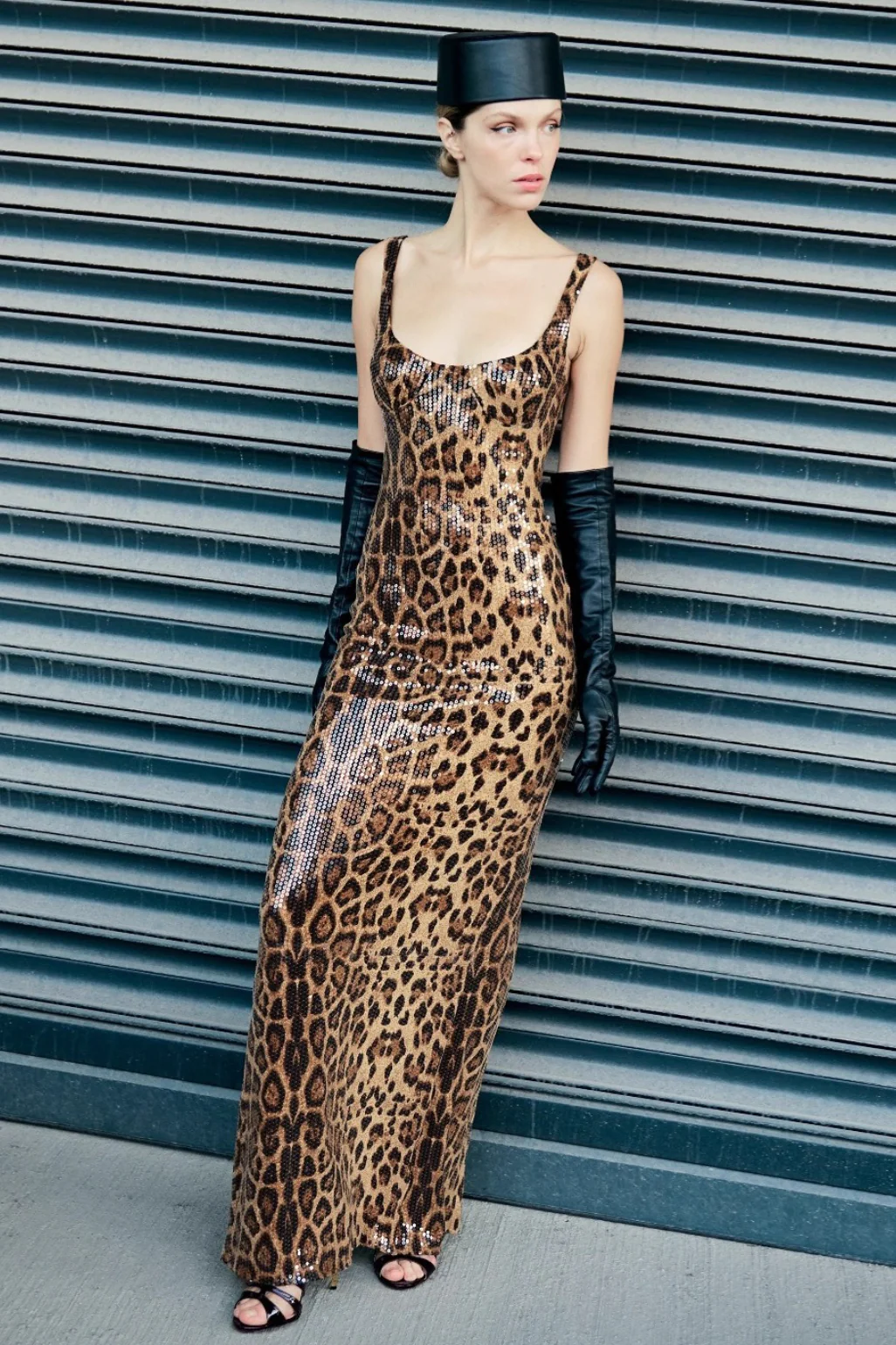 Leopard Sequin Sheer Cape Spaghetti Strap Backless Prom Dress - Image 6