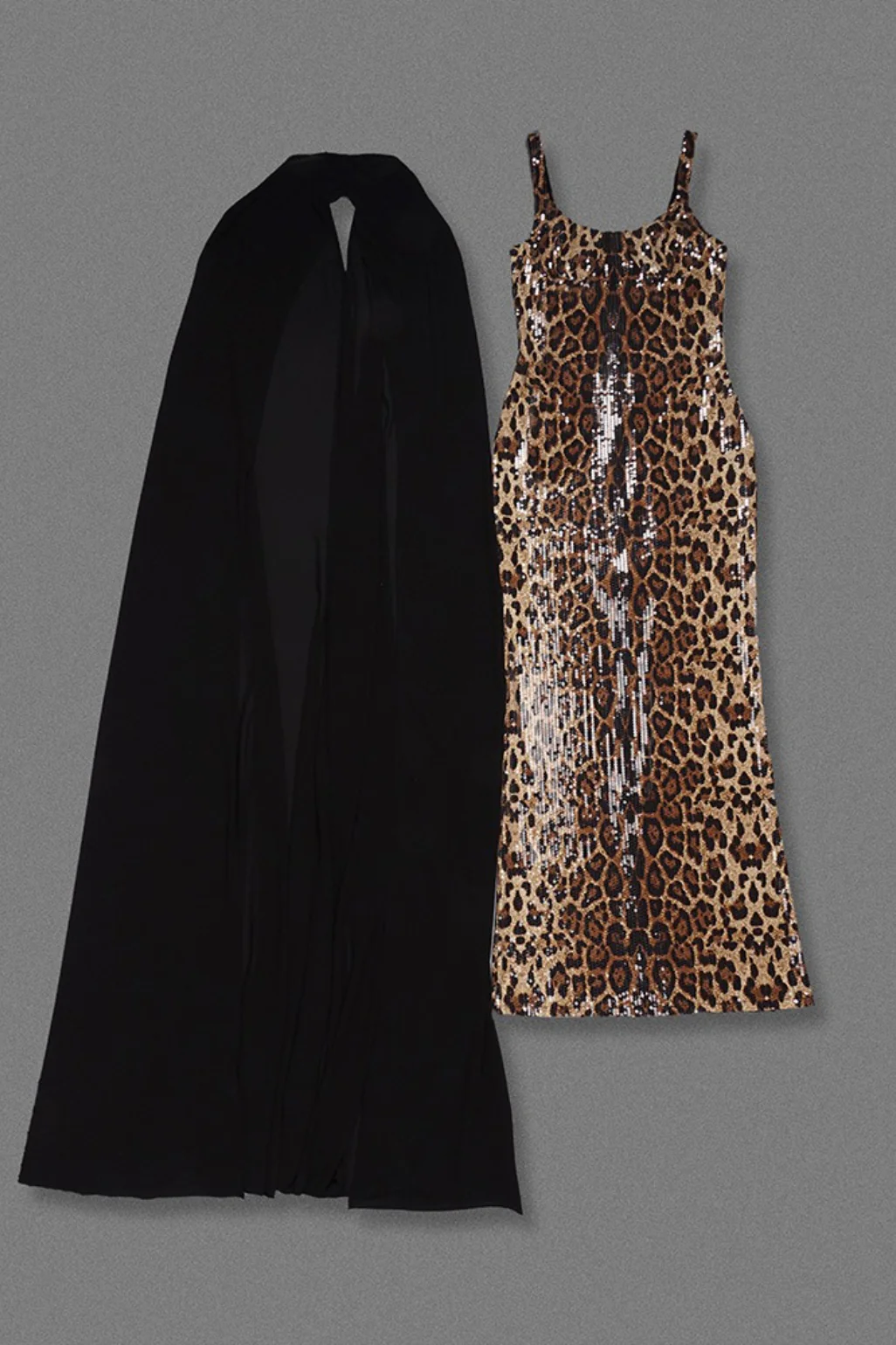 Leopard Sequin Sheer Cape Spaghetti Strap Backless Prom Dress - Image 7