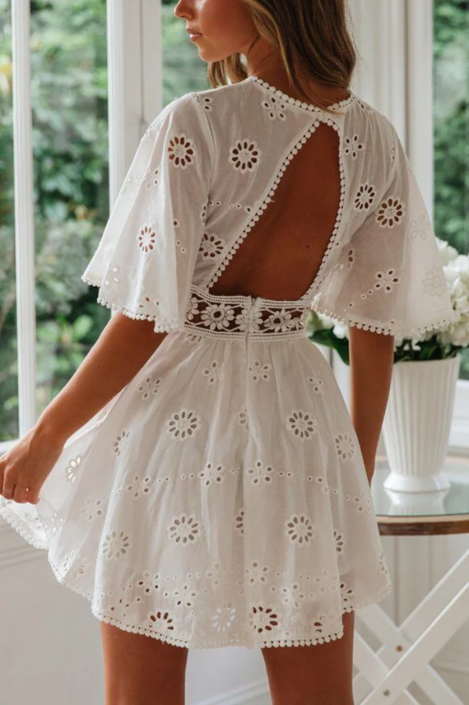 Cutout Round Neck Short Sleeve Boho Dress - Image 6