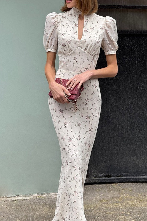 Cutout Stand Collar Puff Sleeve Floral Dress - Image 5