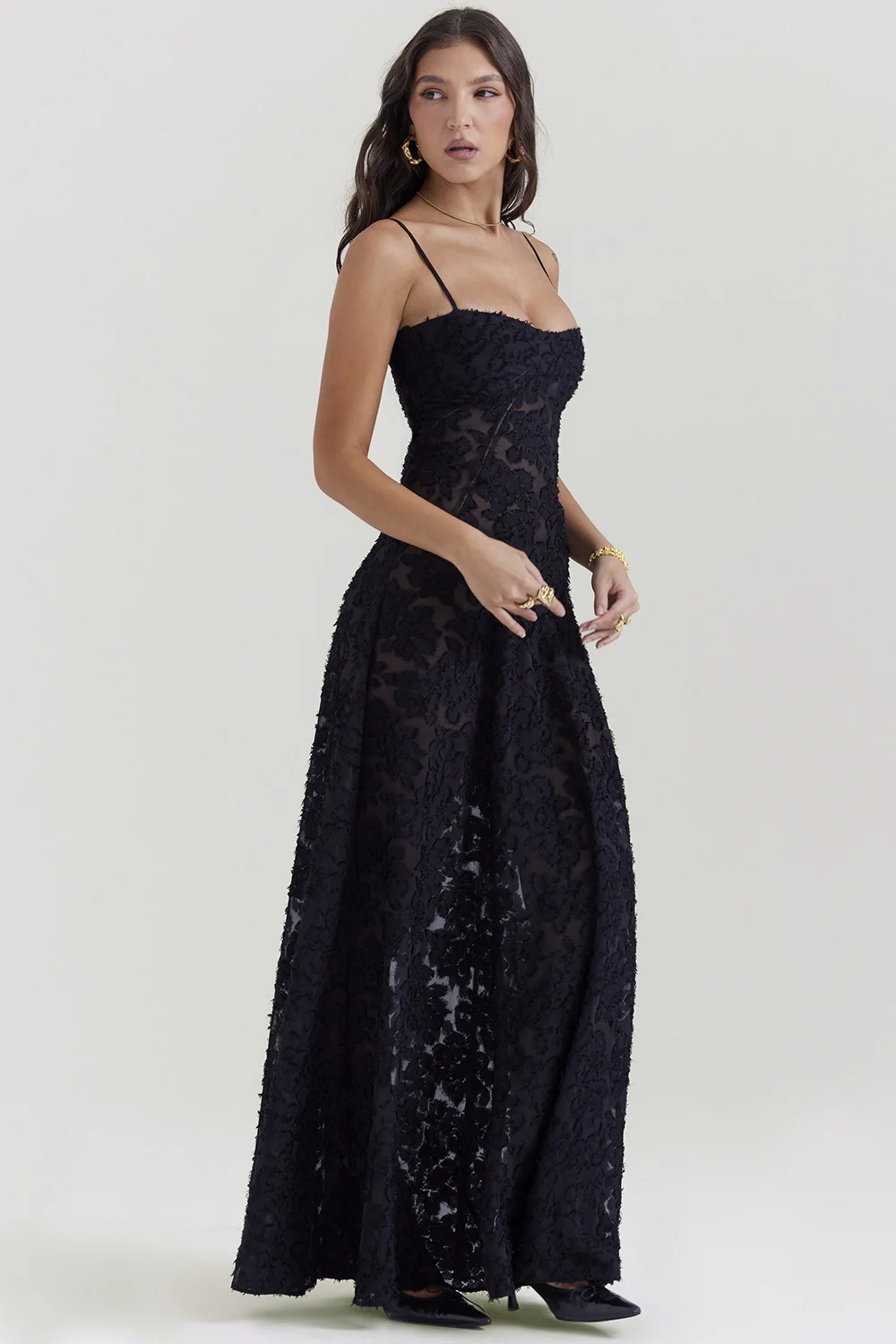 Dainty Lace Spaghetti Strap Tie Waist Prom Dress - Image 3
