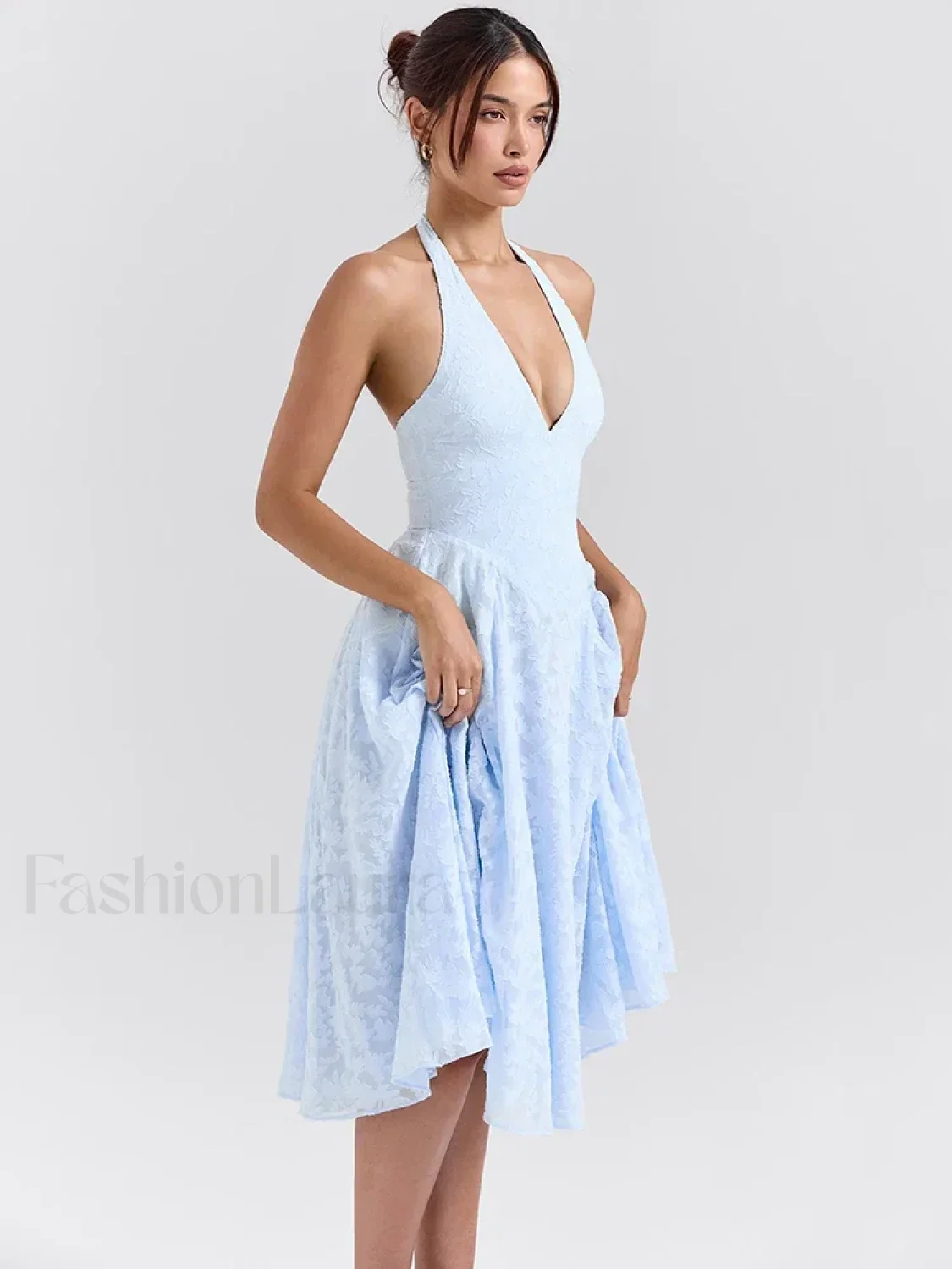 Deep V Halter Pleated Midi Dress - Image 3