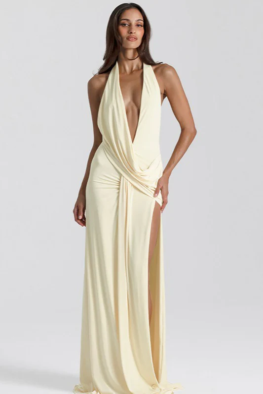 Deep V Halter Ruched Backless High Slit Maxi Dress - Image 2