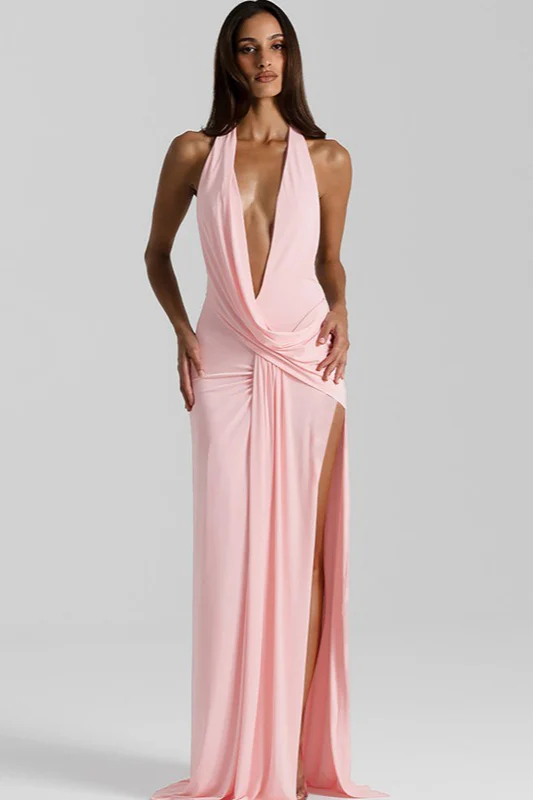 Deep V Halter Ruched Backless High Slit Maxi Dress - Image 4